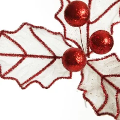 White Glitter Holly Leaf Stem with Red Tinsel Trim Christmas Flowers|
