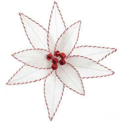 White Glitter Poinsetta Flower Clip with Twine Trim and Bells Christmas Flowers|