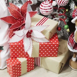 White Glitter Poinsetta Flower Clip with Twine Trim and Bells Christmas Flowers|
