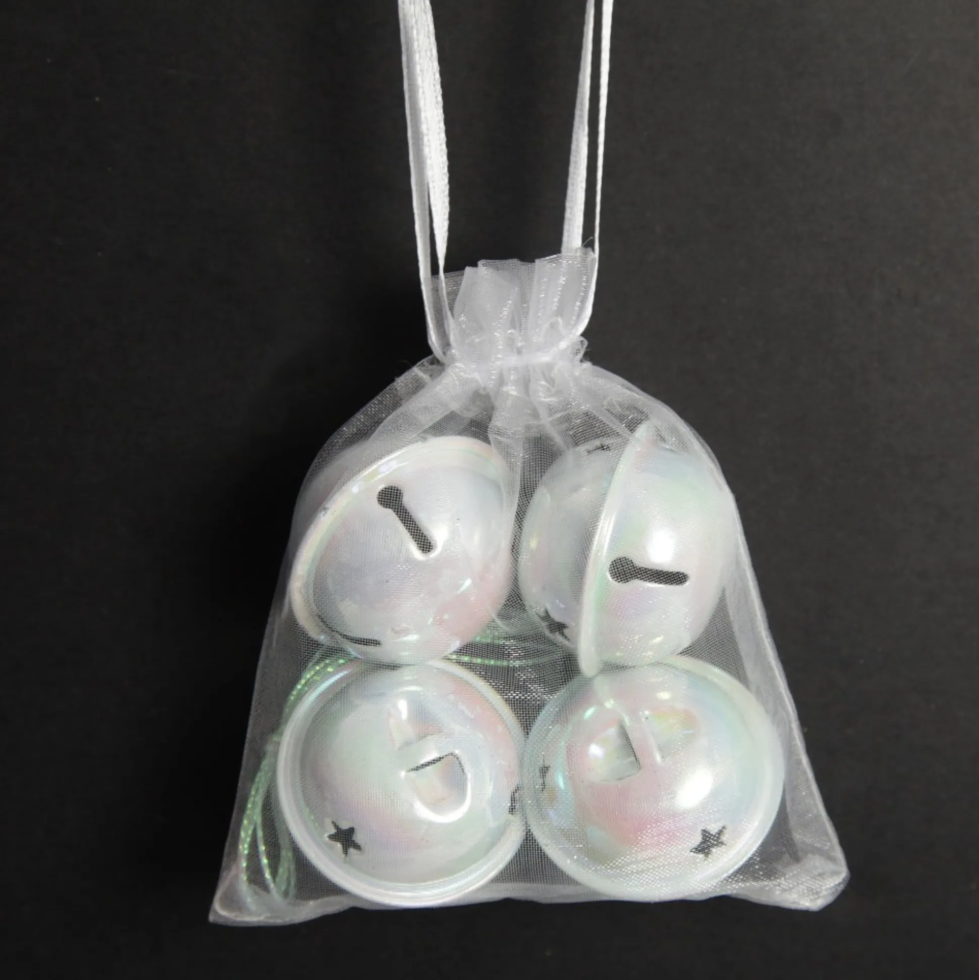 White Irridescent 4cm Jingle Bell Decorations - Bag of 4 Christmas Bells And Bows|