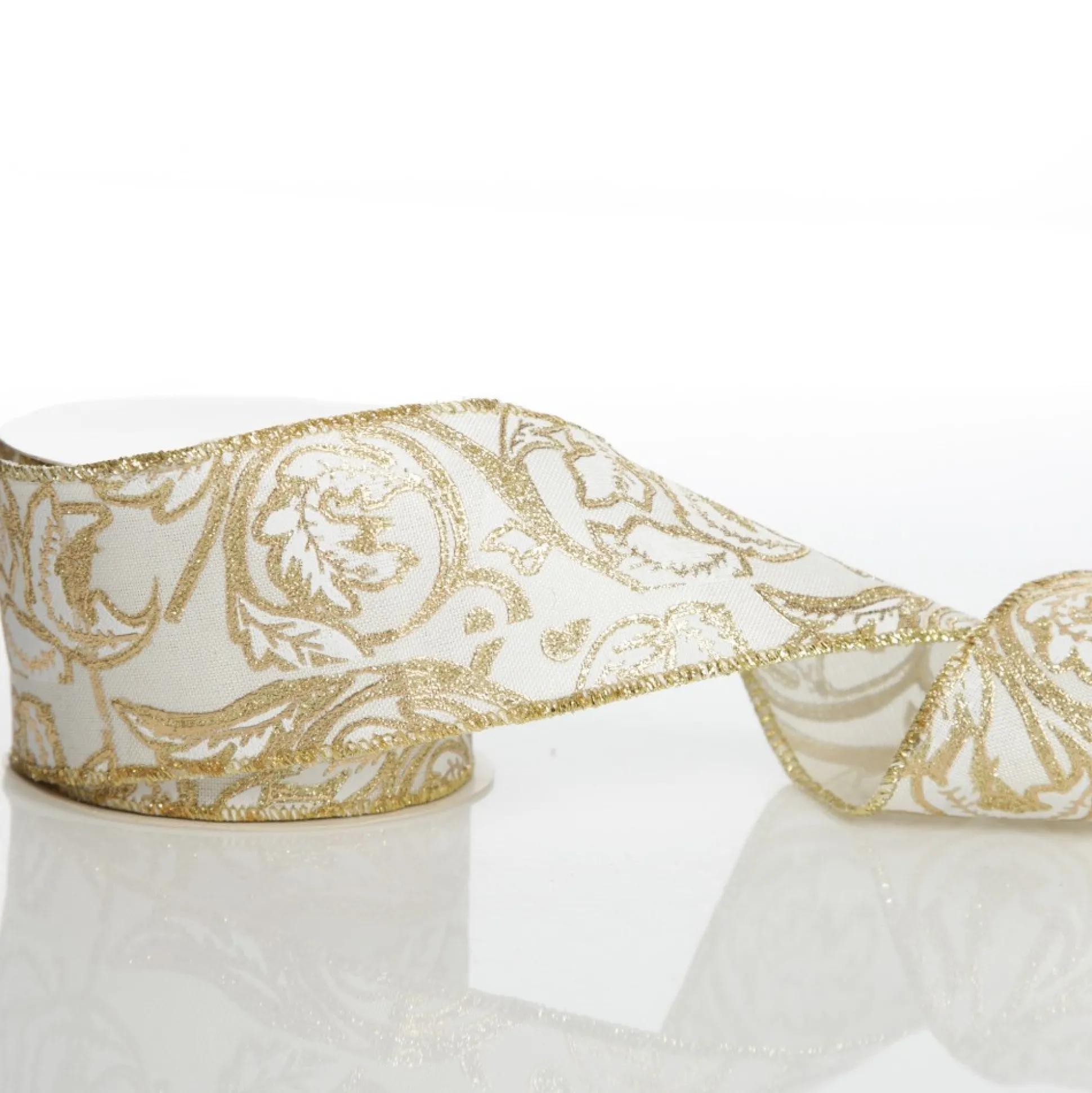 White Linen with Gold Glitter Floral Pattern Ribbon - 6.5cm Ribbons|
