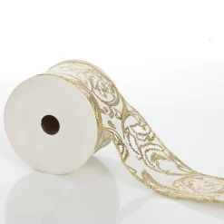 White Linen with Gold Glitter Floral Pattern Ribbon - 6.5cm Ribbons|