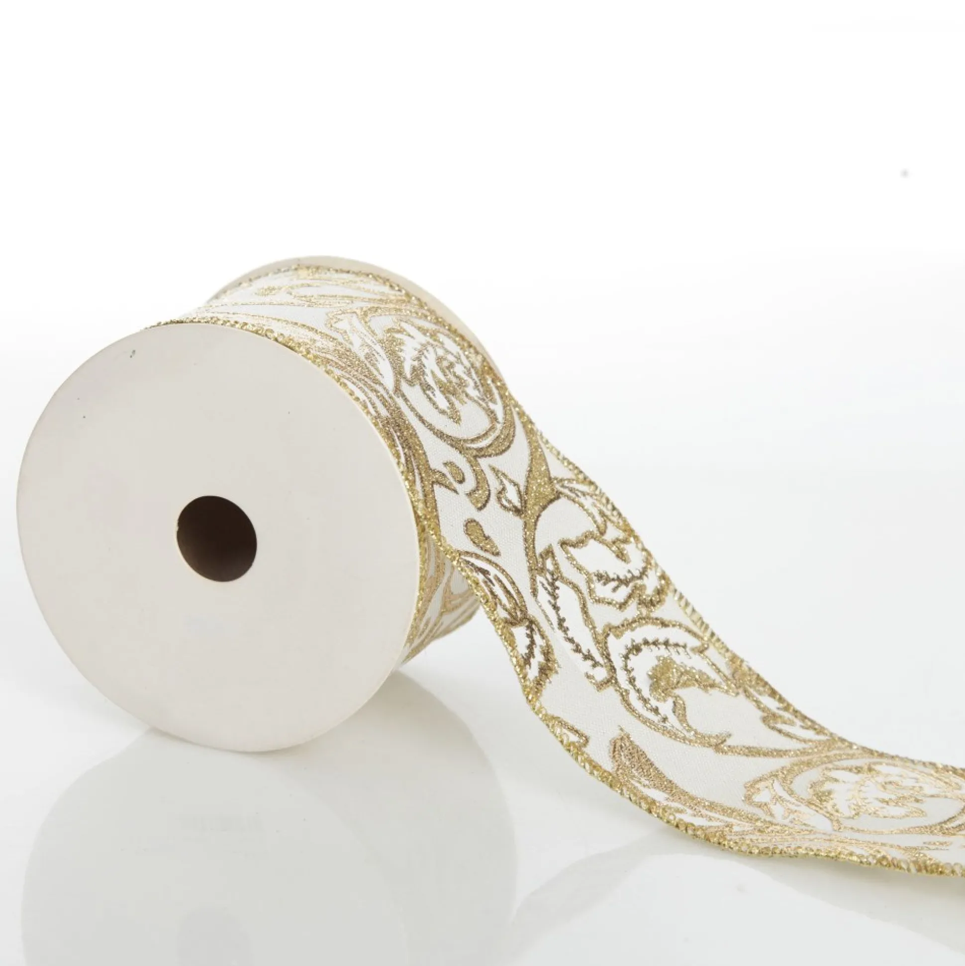 White Linen with Gold Glitter Floral Pattern Ribbon - 6.5cm Ribbons|