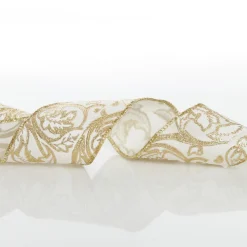 White Linen with Gold Glitter Floral Pattern Ribbon - 6.5cm Ribbons|