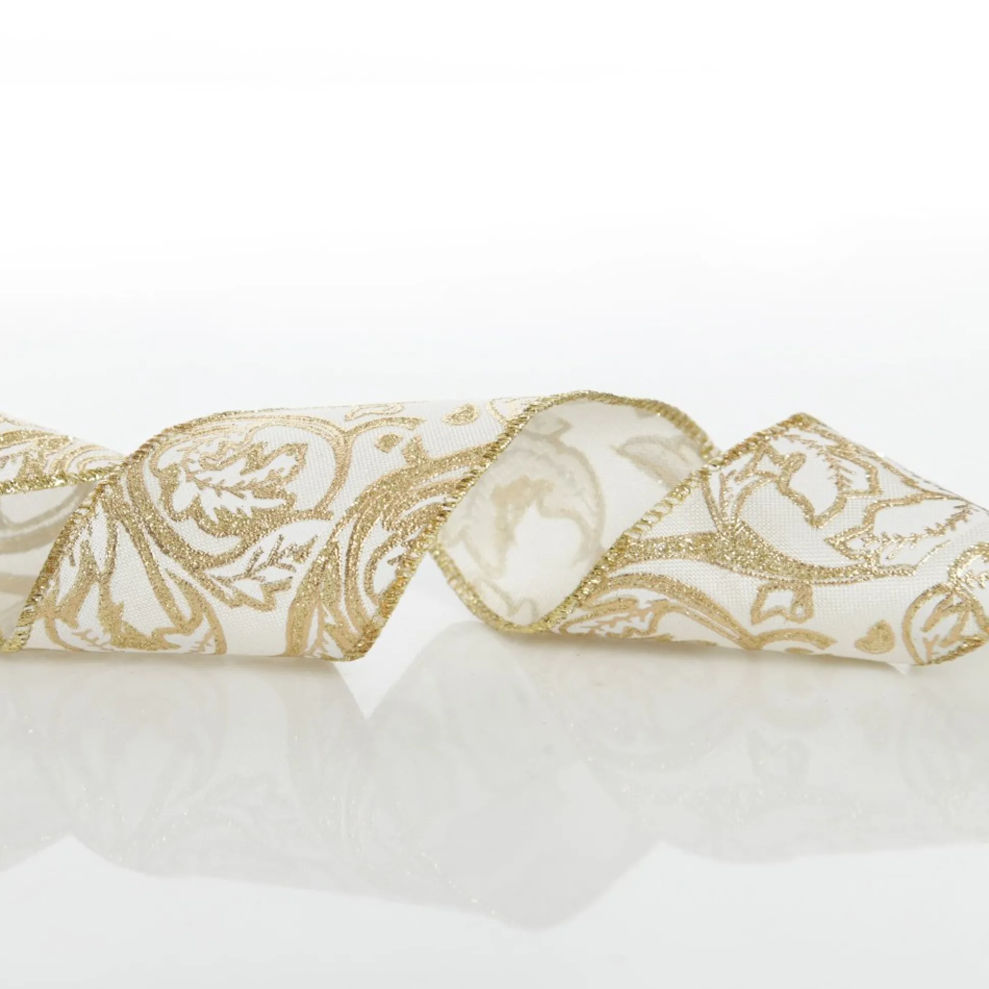 White Linen with Gold Glitter Floral Pattern Ribbon - 6.5cm Ribbons|