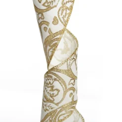 White Linen with Gold Glitter Floral Pattern Ribbon - 6.5cm Ribbons|