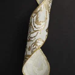 White Linen with Gold Glitter Floral Pattern Ribbon - 6.5cm Ribbons|