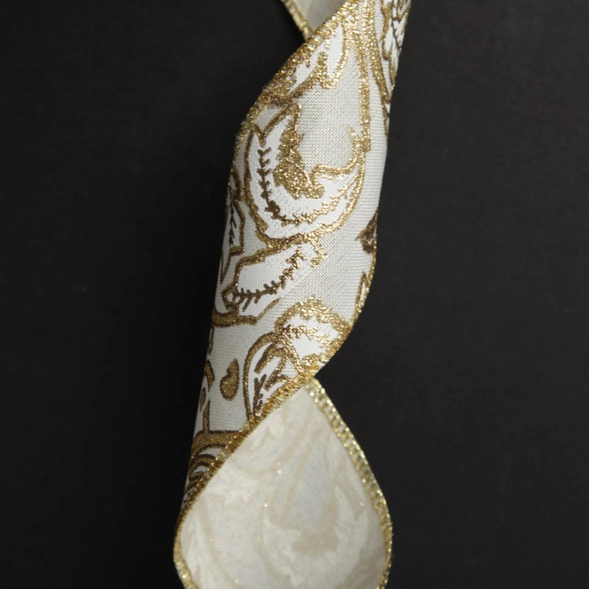 White Linen with Gold Glitter Floral Pattern Ribbon - 6.5cm Ribbons|