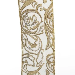 White Linen with Gold Glitter Floral Pattern Ribbon - 6.5cm Ribbons|