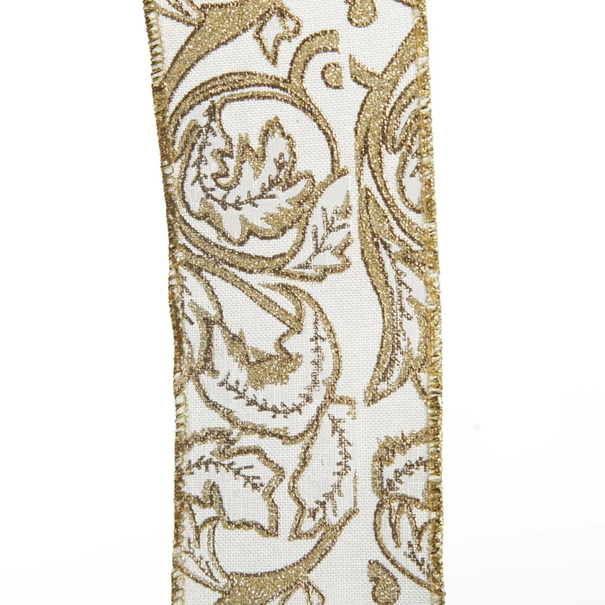 White Linen with Gold Glitter Floral Pattern Ribbon - 6.5cm Ribbons|