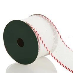 White Organza Glitter Ribbon with Candy Cane Trim - 6cm Ribbons|