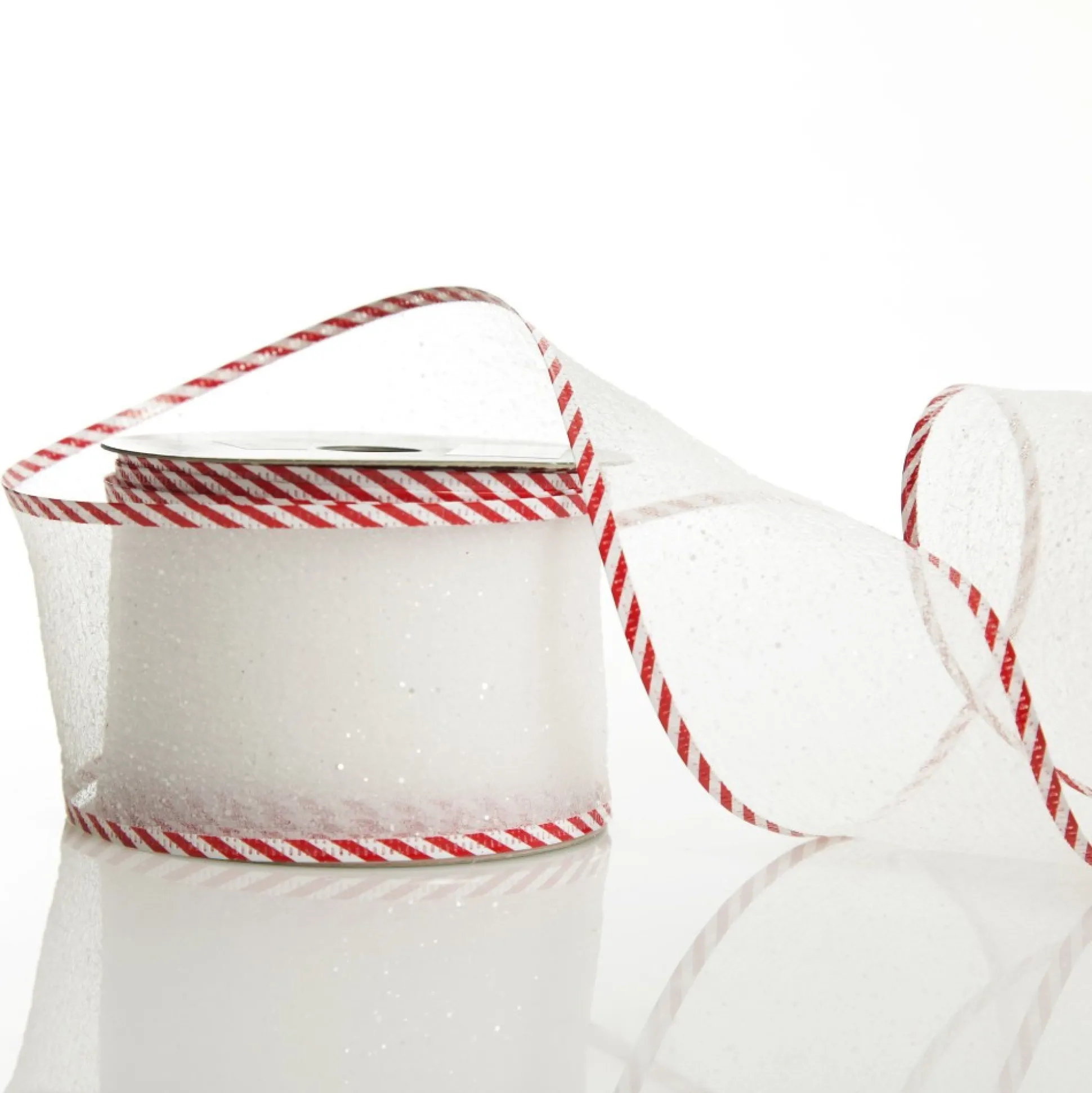 White Organza Glitter Ribbon with Candy Cane Trim - 6cm Ribbons|