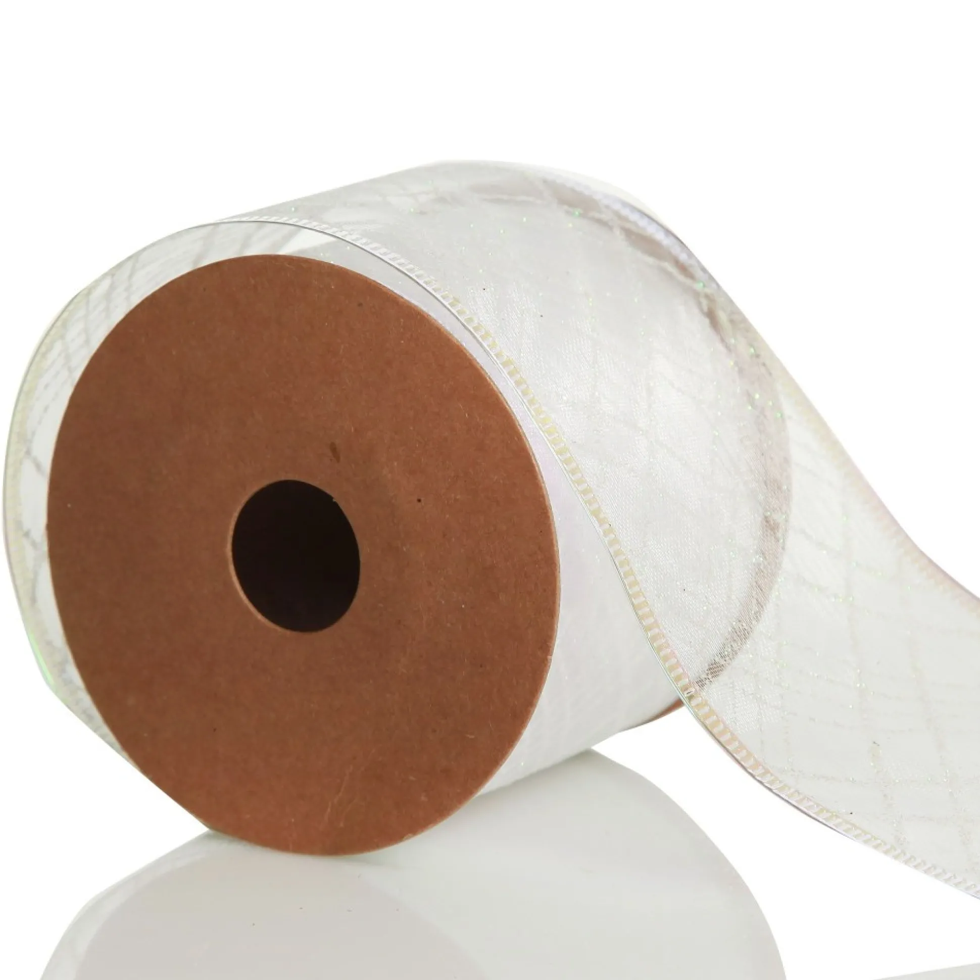 White Organza with White Glitter Pattern Wired Christmas Ribbon Ribbons|