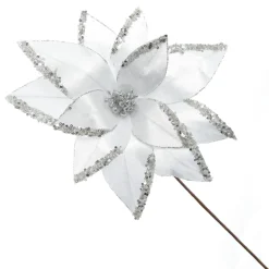 White Satin Flower Stem with Silver Sequin Tips Christmas Flowers|