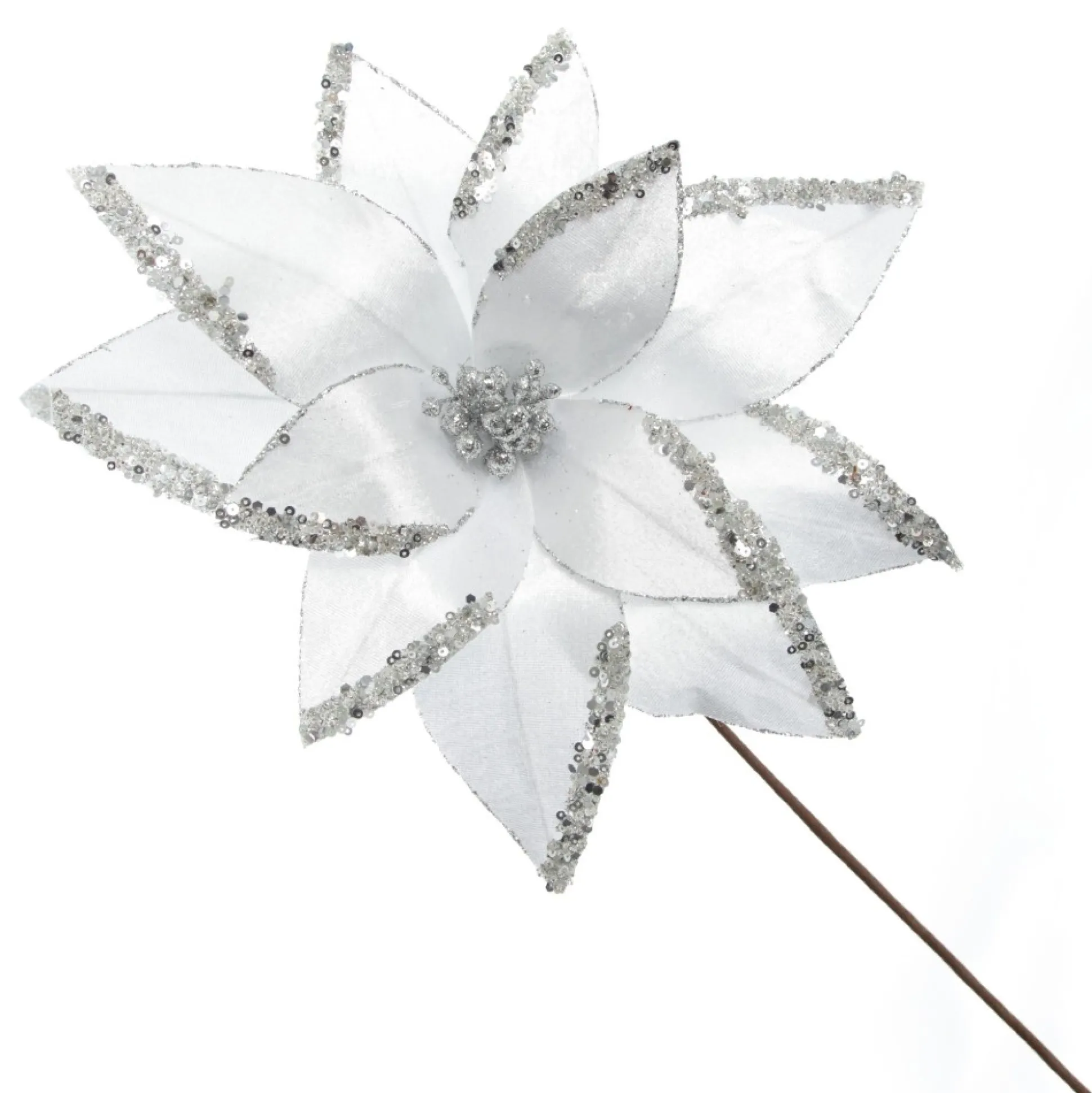 White Satin Flower Stem with Silver Sequin Tips Christmas Flowers|