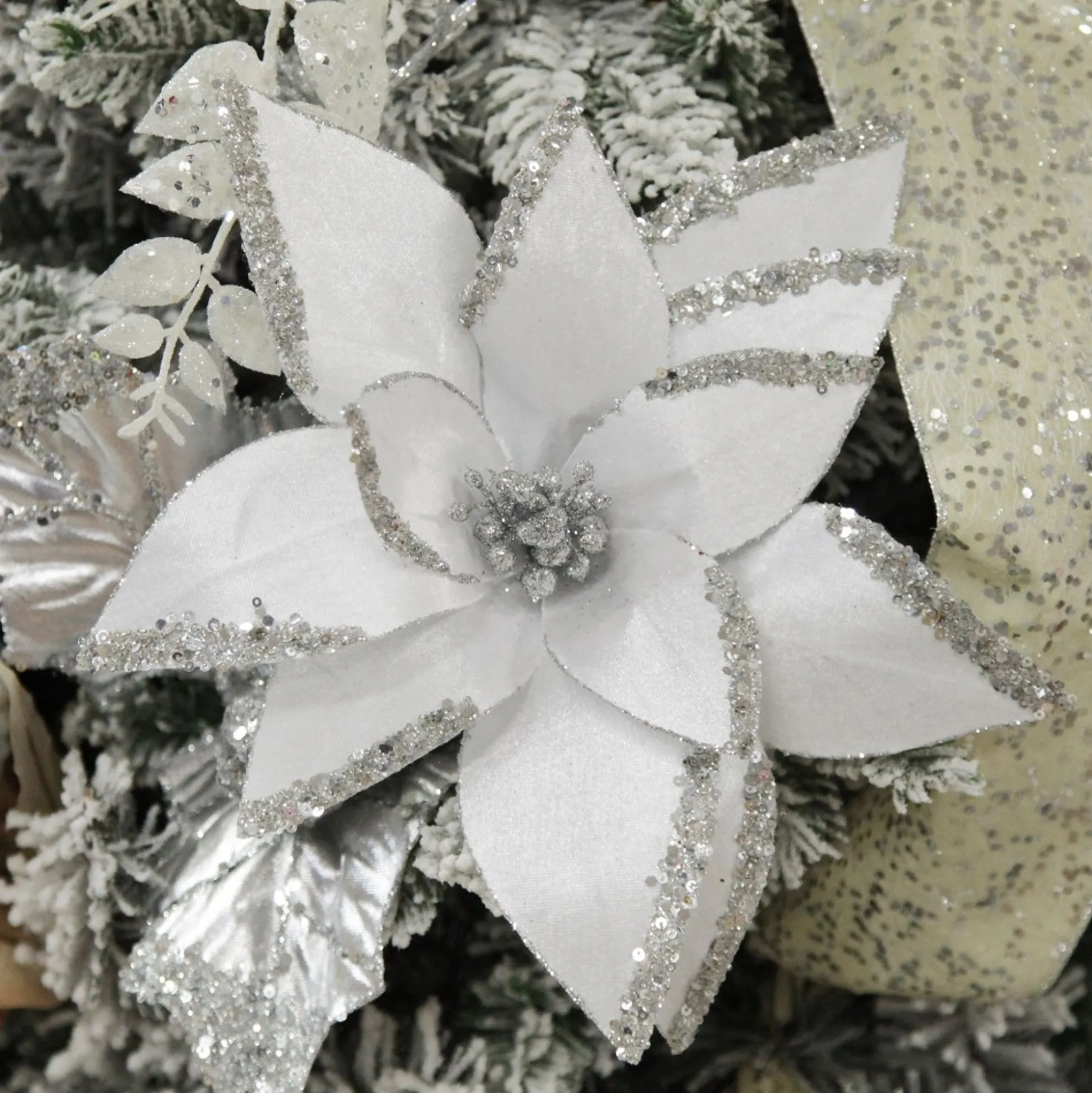 White Satin Flower Stem with Silver Sequin Tips Christmas Flowers|