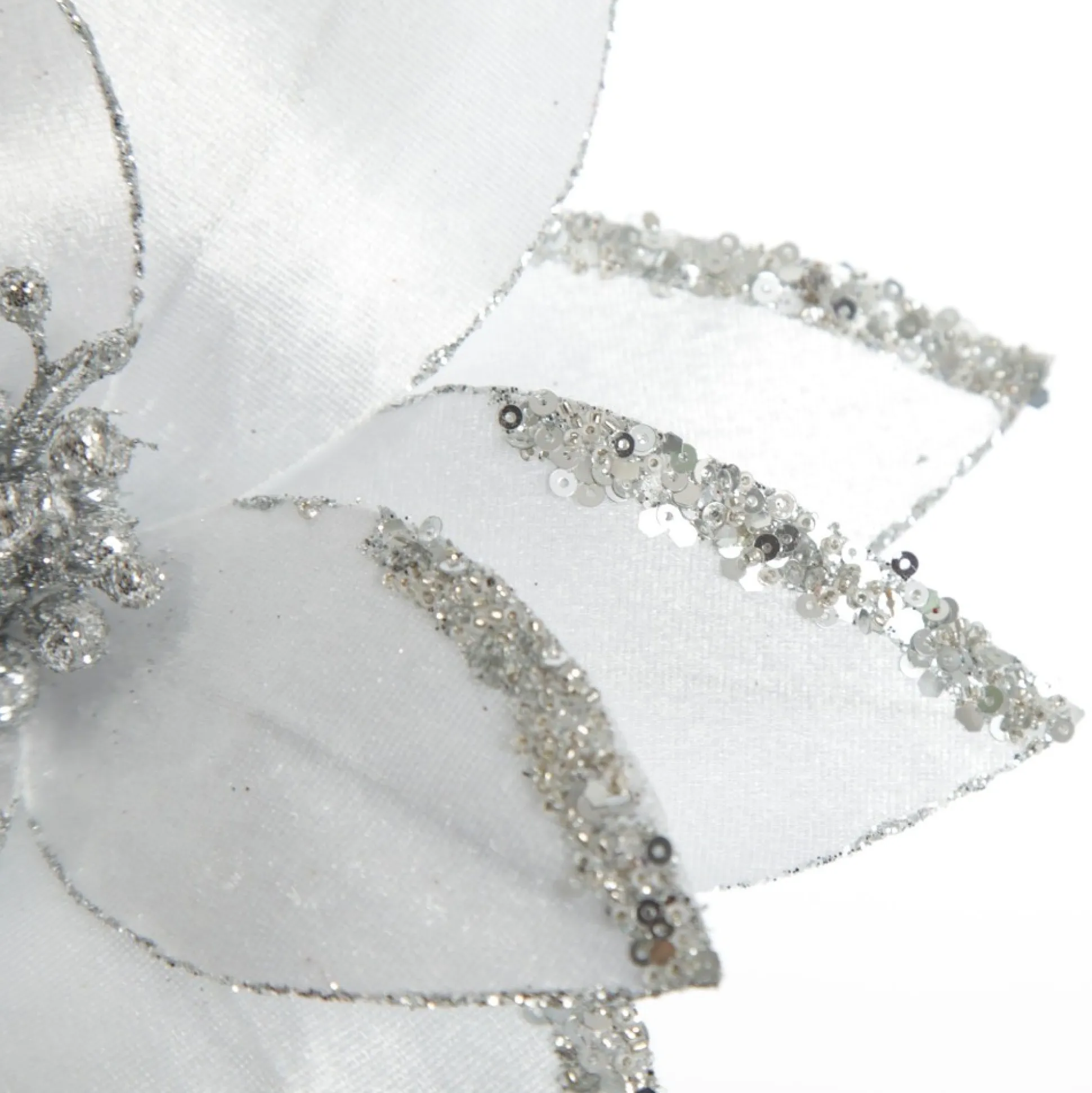 White Satin Flower Stem with Silver Sequin Tips Christmas Flowers|