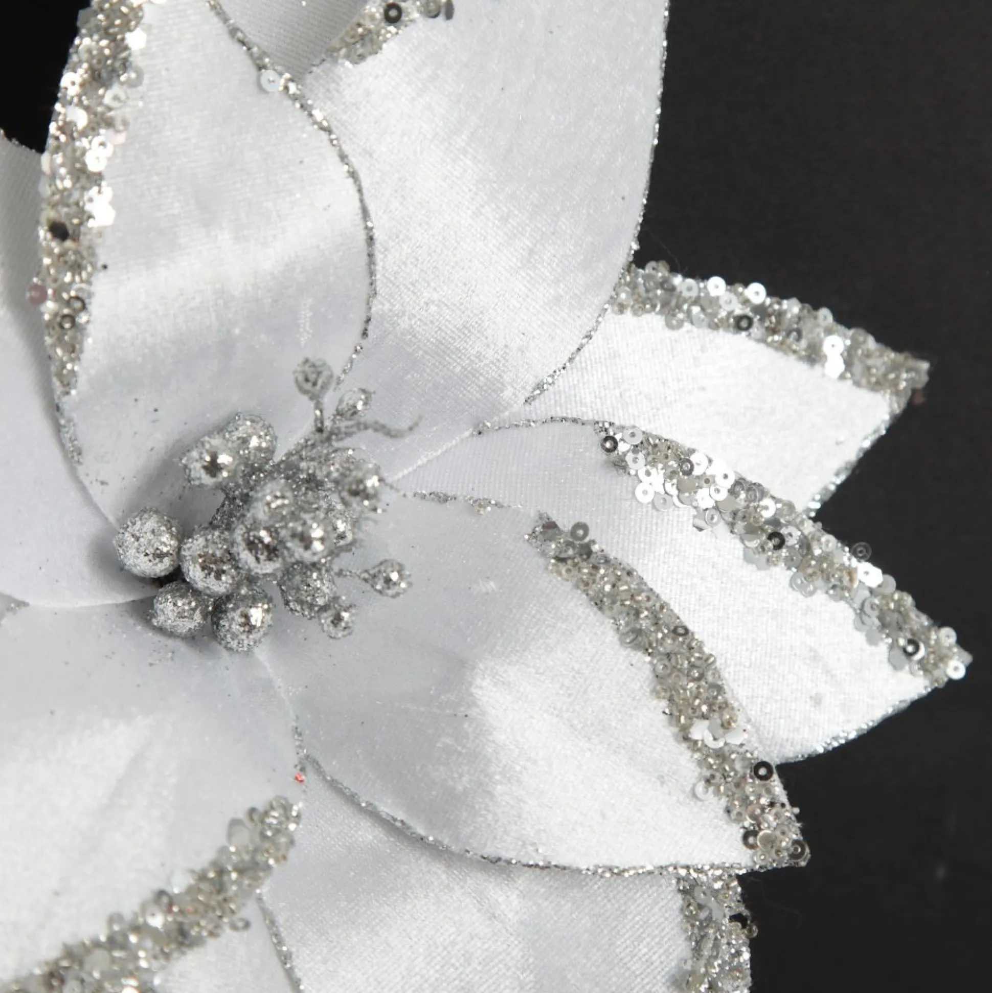 White Satin Flower Stem with Silver Sequin Tips Christmas Flowers|