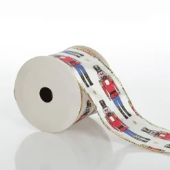 White Satin Ribbon with Blue and Red Nutcracker Print Ribbons|