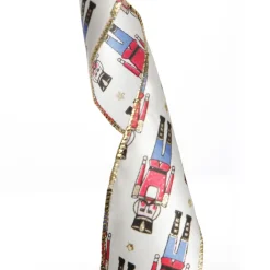 White Satin Ribbon with Blue and Red Nutcracker Print Ribbons|