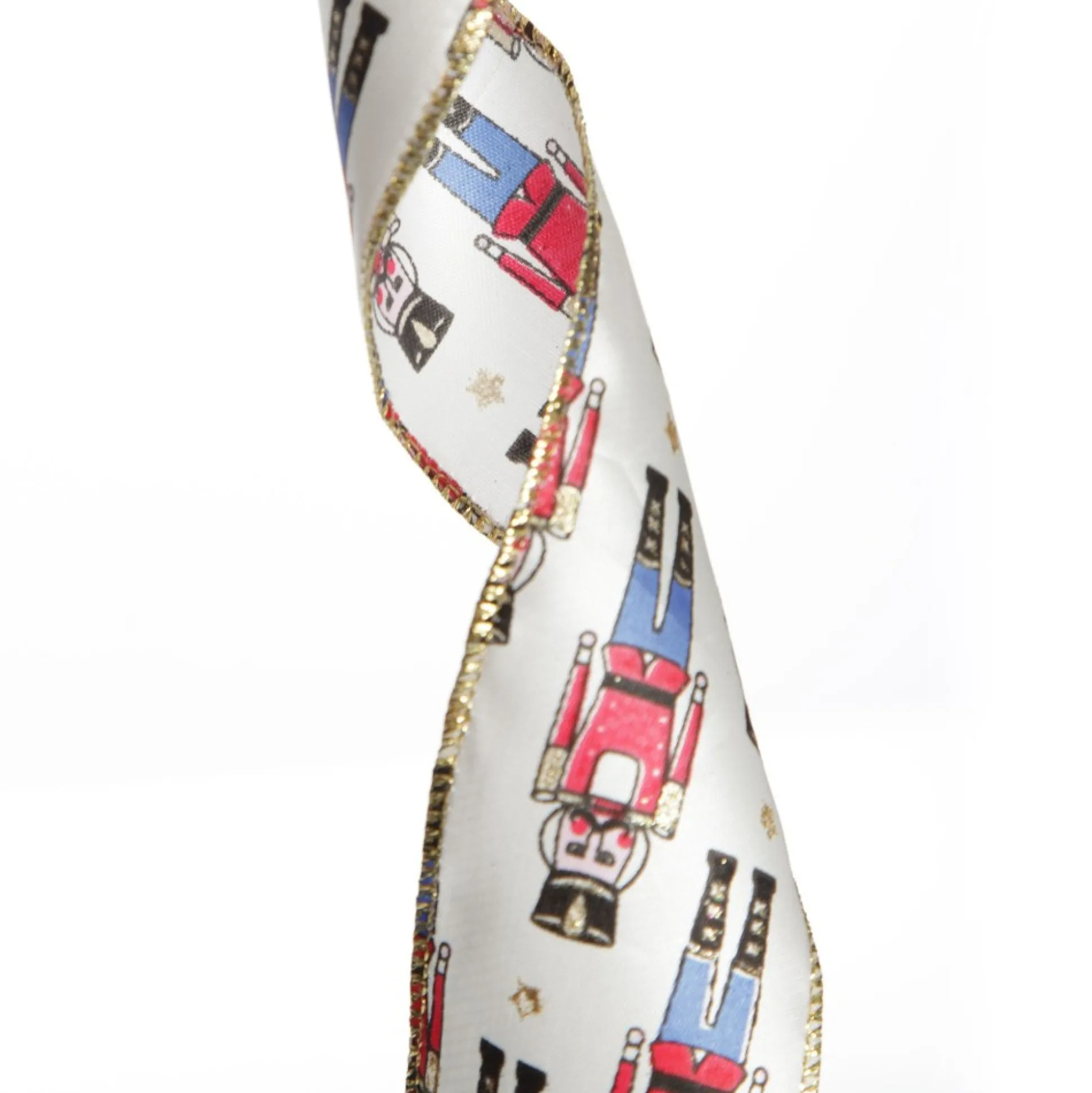 White Satin Ribbon with Blue and Red Nutcracker Print Ribbons|