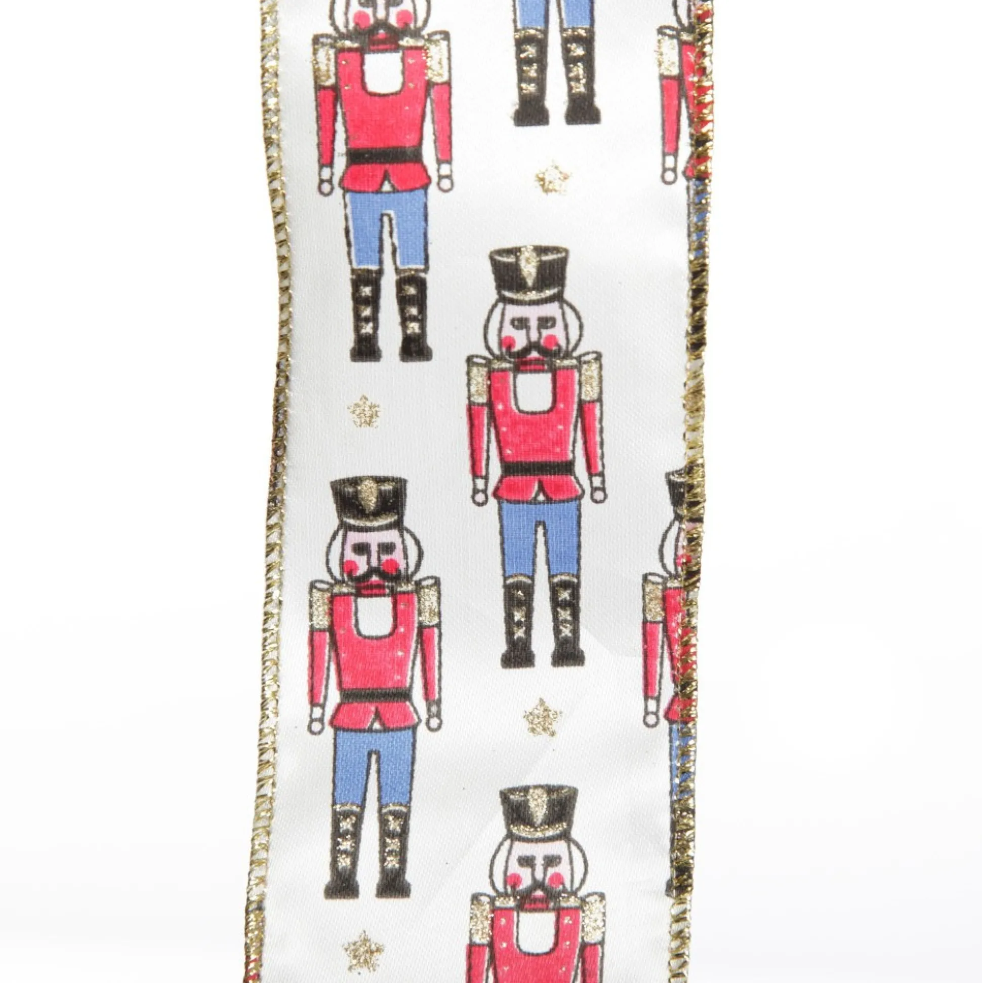 White Satin Ribbon with Blue and Red Nutcracker Print Ribbons|