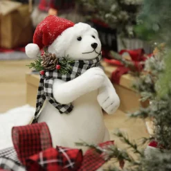 White Standing Polar Bear with Santa Hat Christmas Birds And Animals|