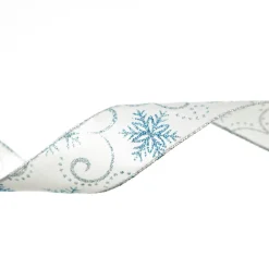 White Wired Christmas Ribbon with Blue and Silver Glitter Snowflakes - 3.8cm Ribbons|