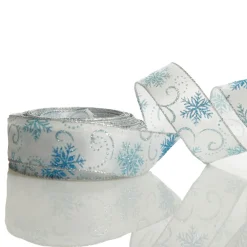 White Wired Christmas Ribbon with Blue and Silver Glitter Snowflakes - 3.8cm Ribbons|