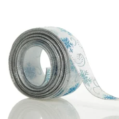White Wired Christmas Ribbon with Blue and Silver Glitter Snowflakes - 3.8cm Ribbons|