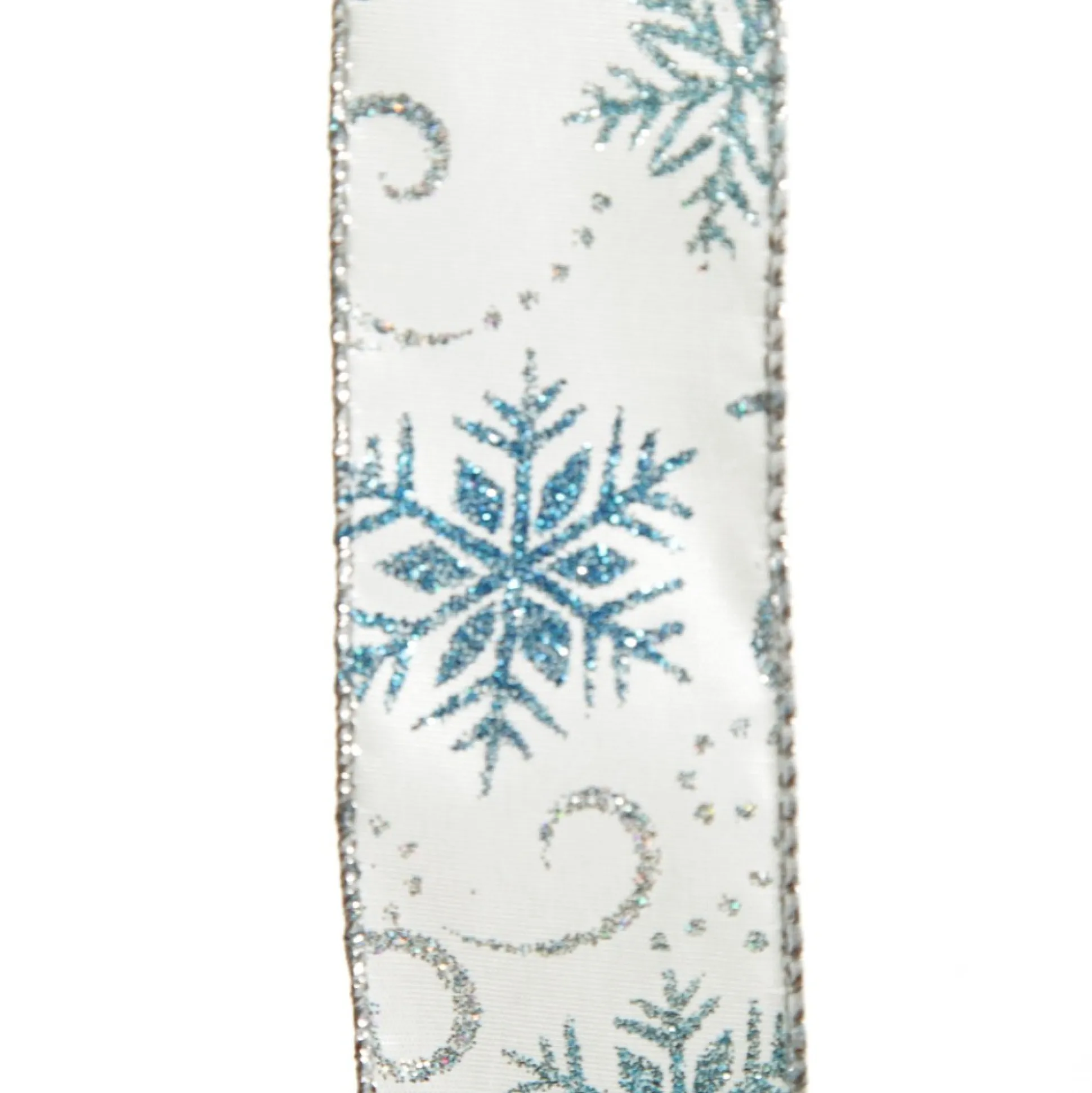 White Wired Christmas Ribbon with Blue and Silver Glitter Snowflakes - 3.8cm Ribbons|