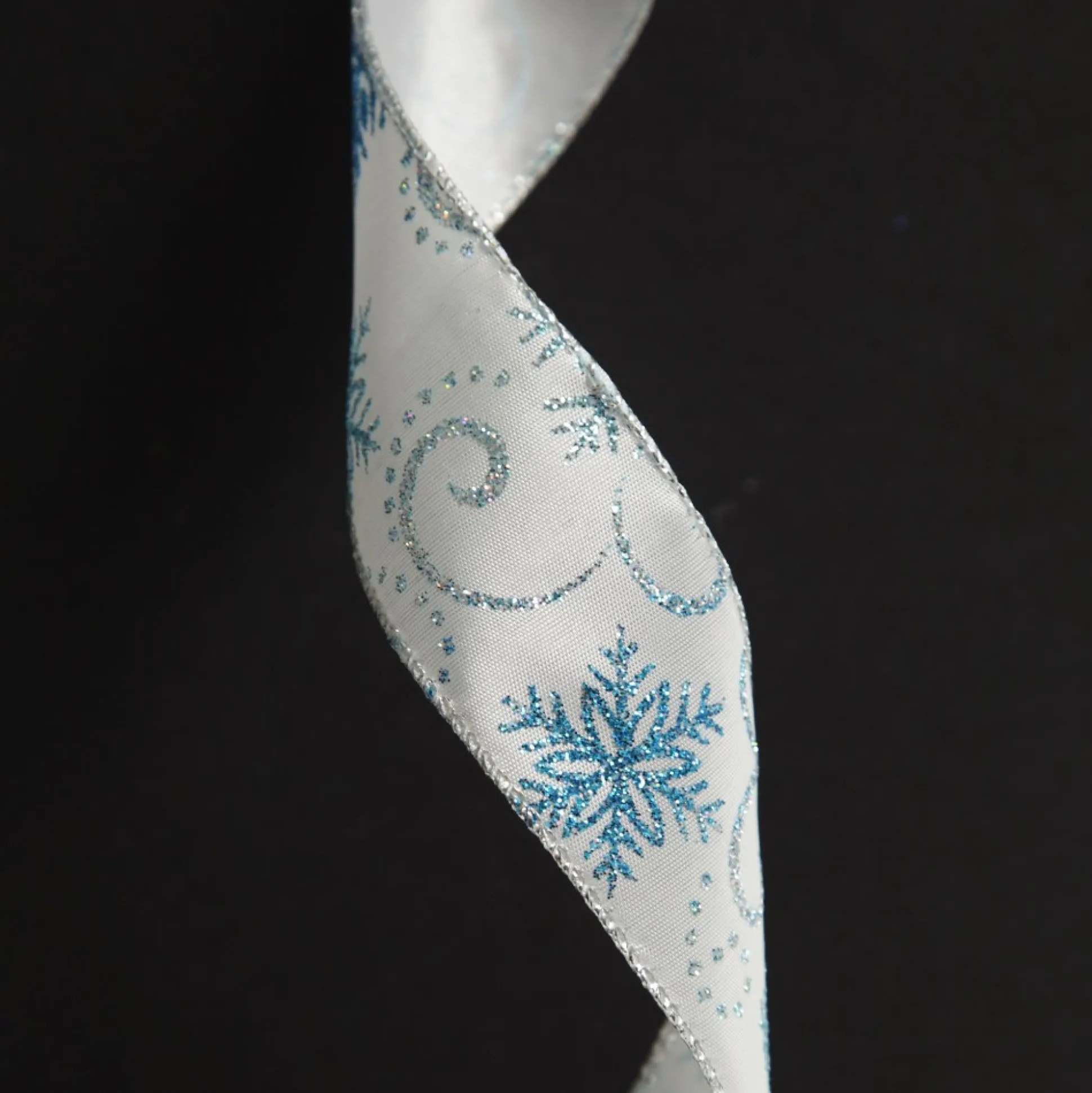 White Wired Christmas Ribbon with Blue and Silver Glitter Snowflakes - 3.8cm Ribbons|