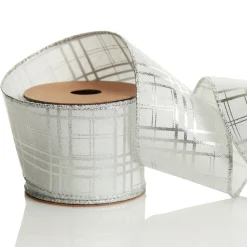 White with Silver Cross Pattern Wired Christmas Ribbon Ribbons|