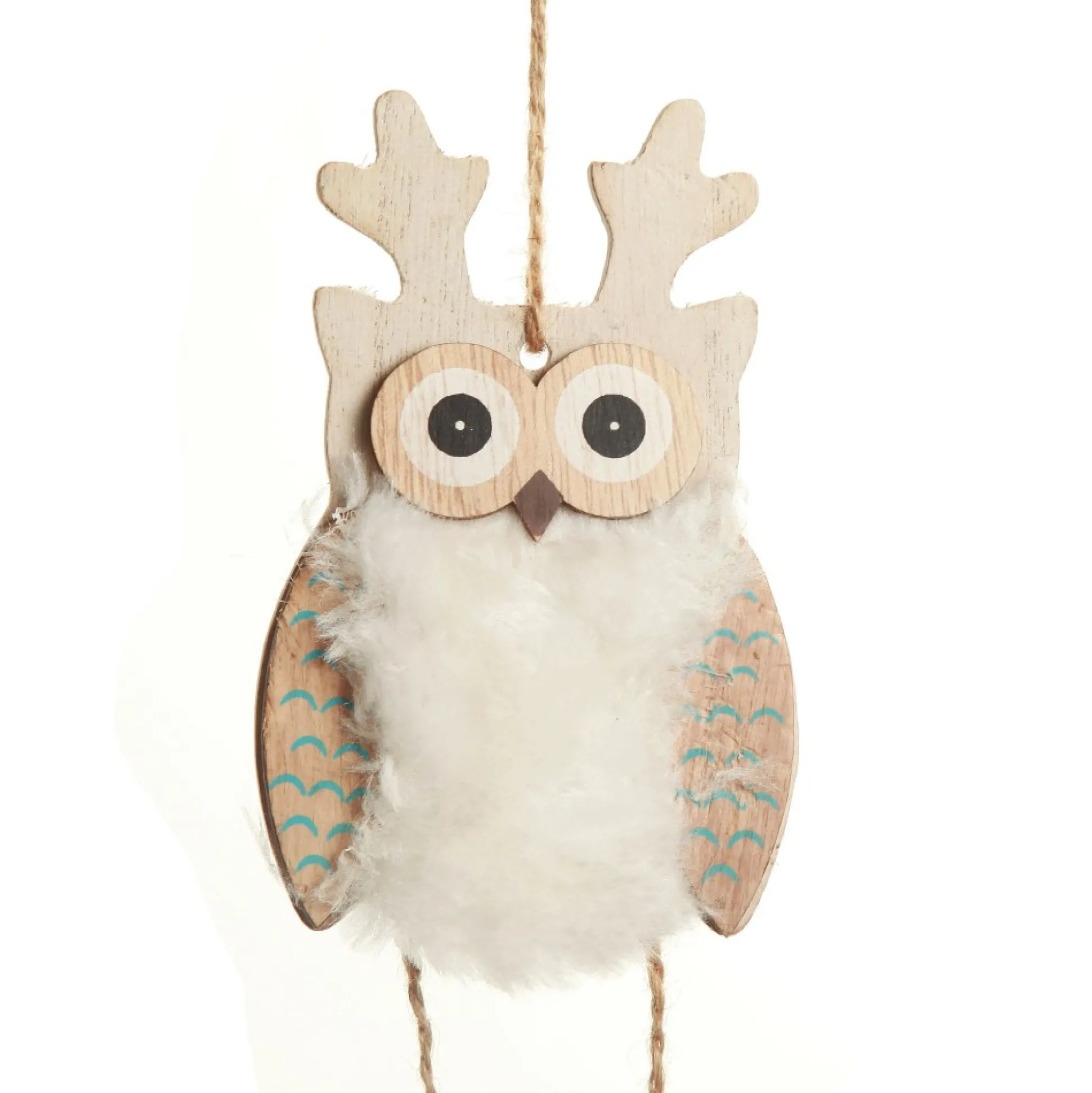 White Wood Owl Tree Decorations with Fur & Bells Christmas Tree Decorations|