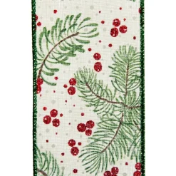 Wide White with Green Fir and Red Berry Ribbon - 6.5cm Ribbons|