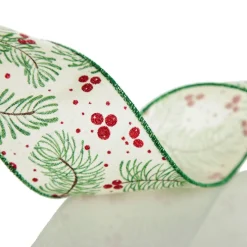 Wide White with Green Fir and Red Berry Ribbon - 6.5cm Ribbons|