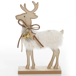 Wood Reindeer with Fur Christmas Ornament and Neck Tie Christmas Birds And Animals|