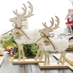 Wood Reindeer with Fur Christmas Ornament and Neck Tie Christmas Birds And Animals|