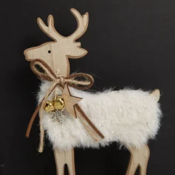 Wood Reindeer with Fur Christmas Ornament and Neck Tie Christmas Birds And Animals|