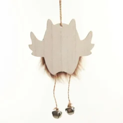 Wood White Owl with Closed Eyes Tree Decorations with Fur & Bells Christmas Tree Decorations|